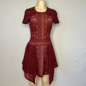 BCBGMAXAZRIA Burgundy Lace Fit & Flare Dress Handkerchief Hem XS valentines